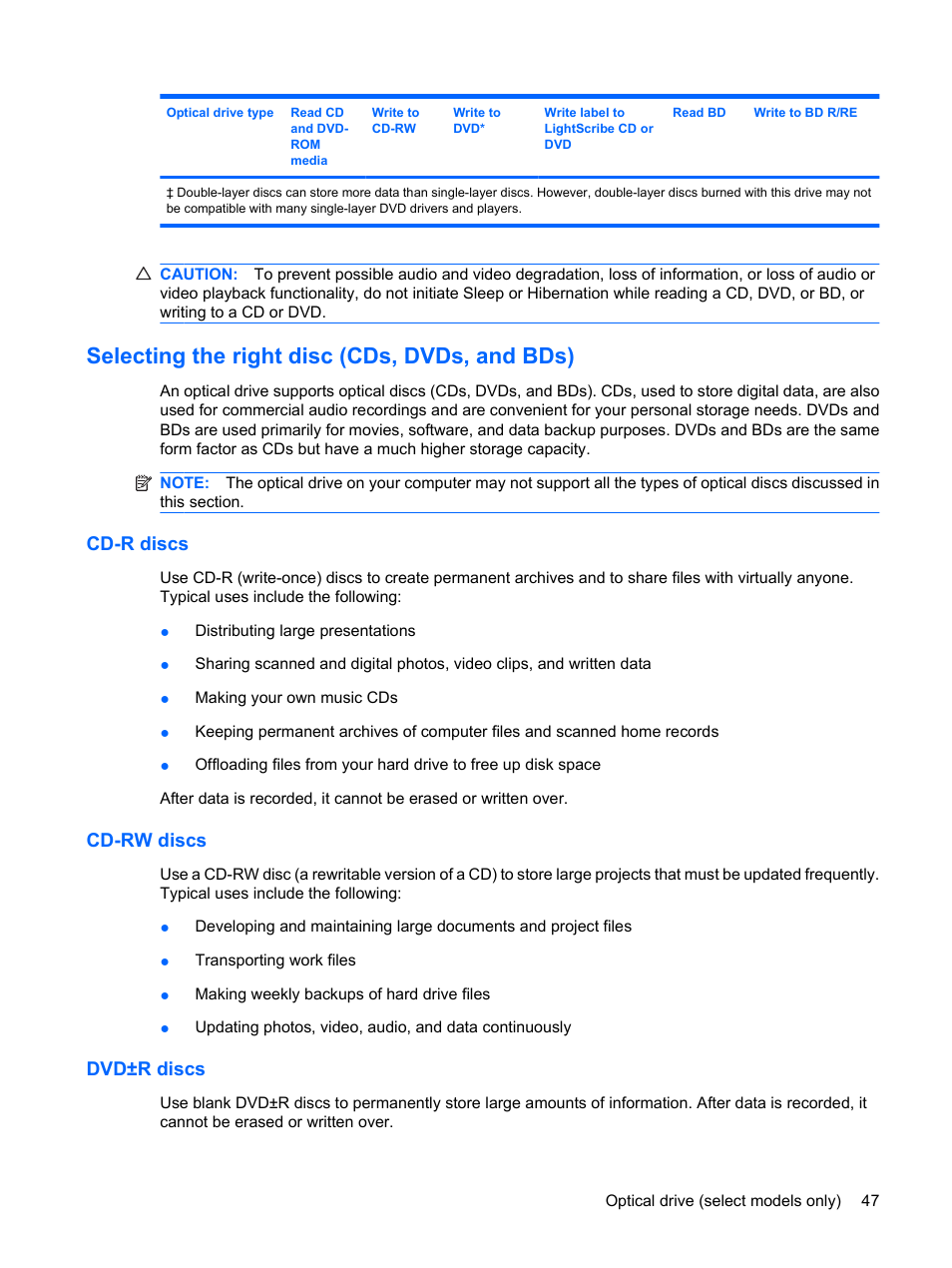 Selecting the right disc (cds, dvds, and bds), Cd-r discs, Cd-rw discs | Dvd±r discs, Cd-r discs cd-rw discs dvd±r discs | HP EliteBook 8440p User Manual | Page 59 / 169