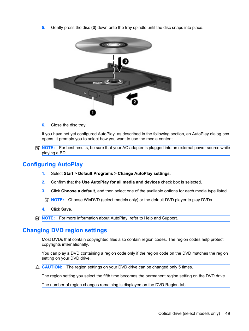 Configuring autoplay, Changing dvd region settings, Configuring autoplay changing dvd region settings | HP EliteBook 8440p User Manual | Page 61 / 169