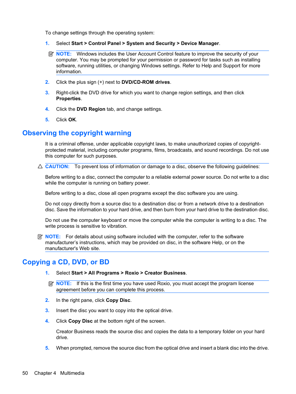 Observing the copyright warning, Copying a cd, dvd, or bd | HP EliteBook 8440p User Manual | Page 62 / 169