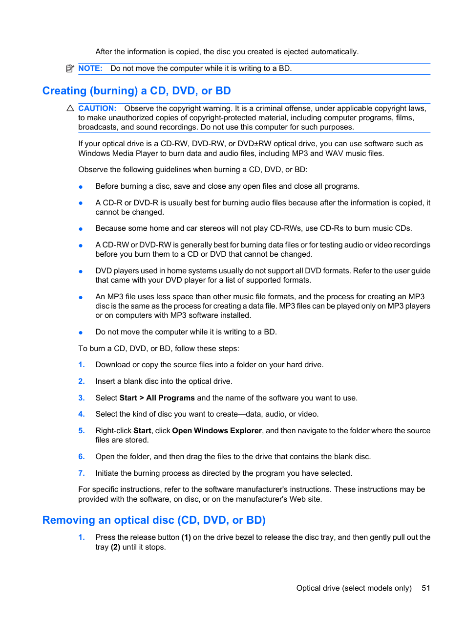 Creating (burning) a cd, dvd, or bd, Removing an optical disc (cd, dvd, or bd) | HP EliteBook 8440p User Manual | Page 63 / 169