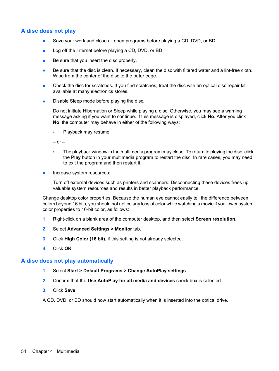 A disc does not play, A disc does not play automatically | HP EliteBook 8440p User Manual | Page 66 / 169