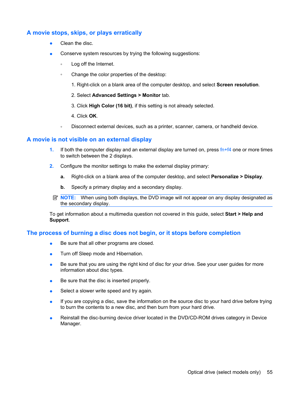 A movie stops, skips, or plays erratically, A movie is not visible on an external display | HP EliteBook 8440p User Manual | Page 67 / 169