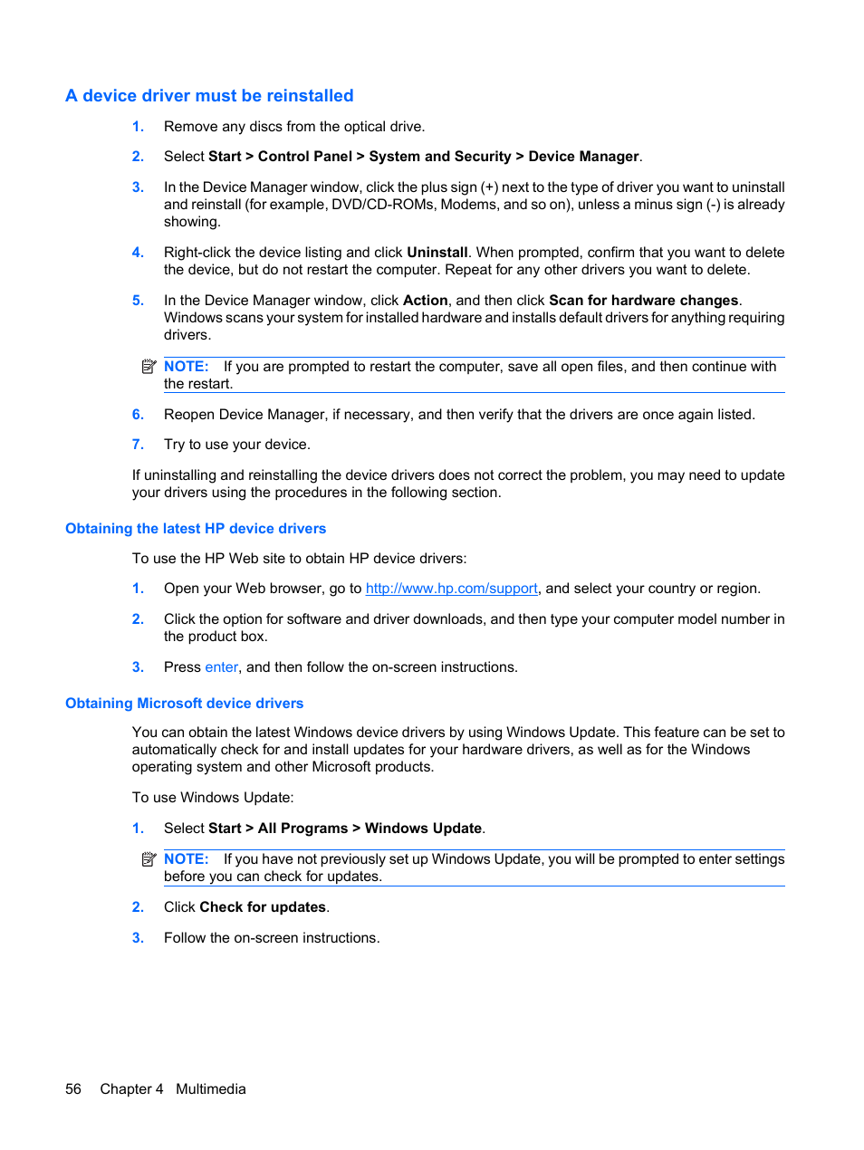 A device driver must be reinstalled, Obtaining the latest hp device drivers, Obtaining microsoft device drivers | HP EliteBook 8440p User Manual | Page 68 / 169