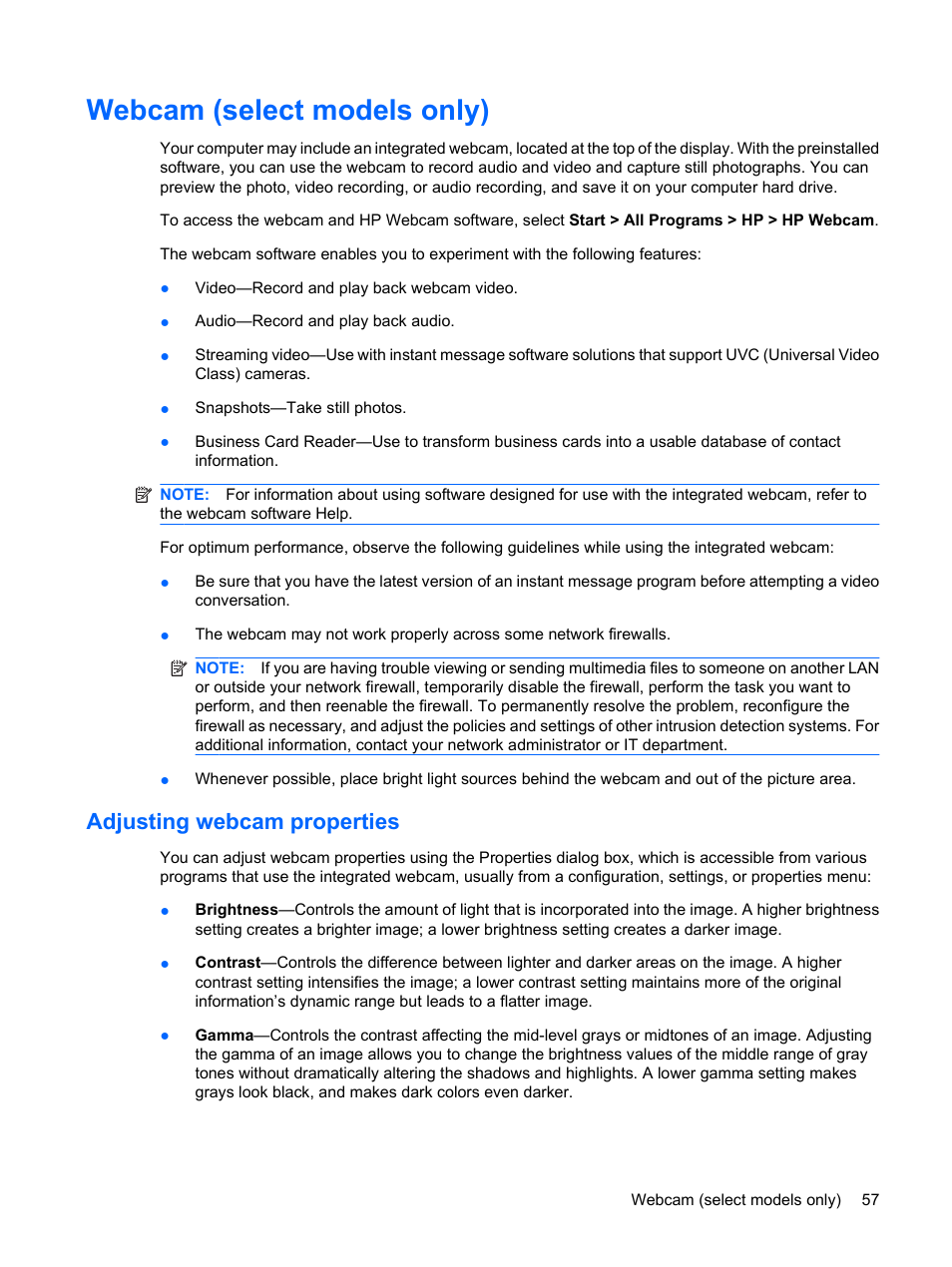 Webcam (select models only), Adjusting webcam properties | HP EliteBook 8440p User Manual | Page 69 / 169