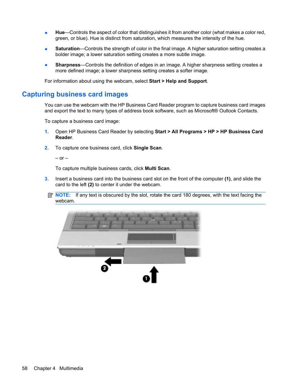 Capturing business card images | HP EliteBook 8440p User Manual | Page 70 / 169