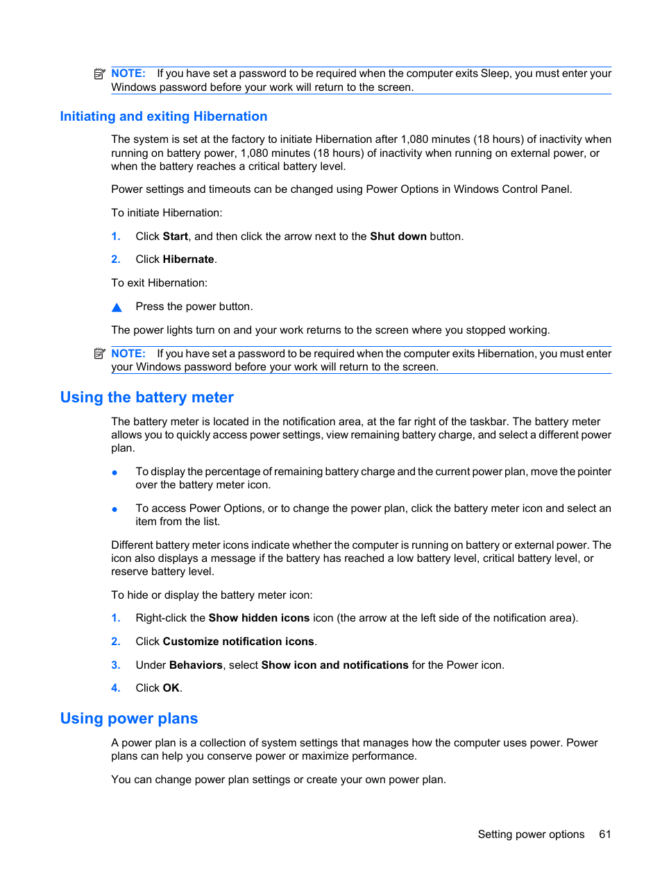 Initiating and exiting hibernation, Using the battery meter, Using power plans | Using the battery meter using power plans | HP EliteBook 8440p User Manual | Page 73 / 169