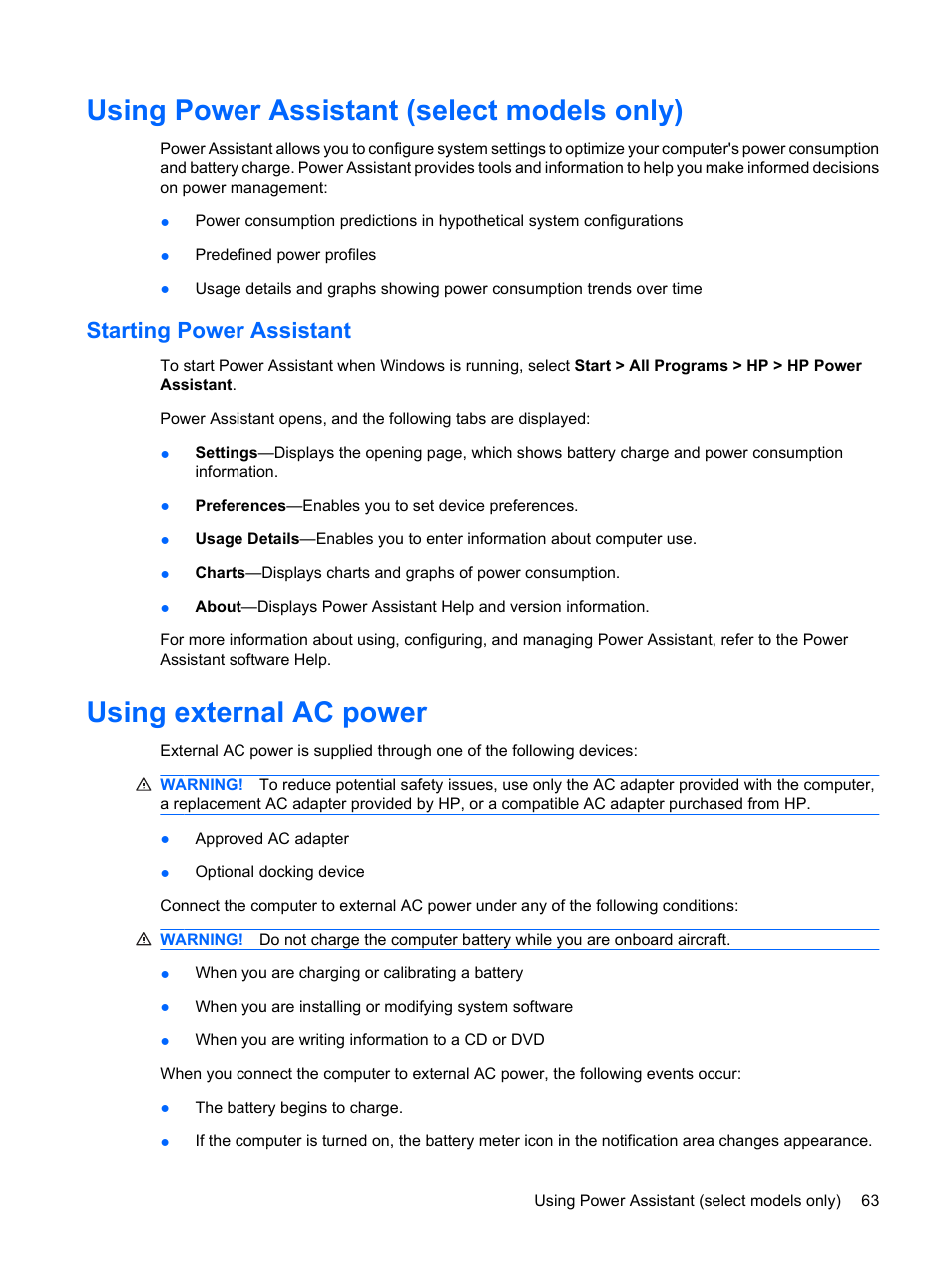 Using power assistant (select models only), Starting power assistant, Using external ac power | HP EliteBook 8440p User Manual | Page 75 / 169