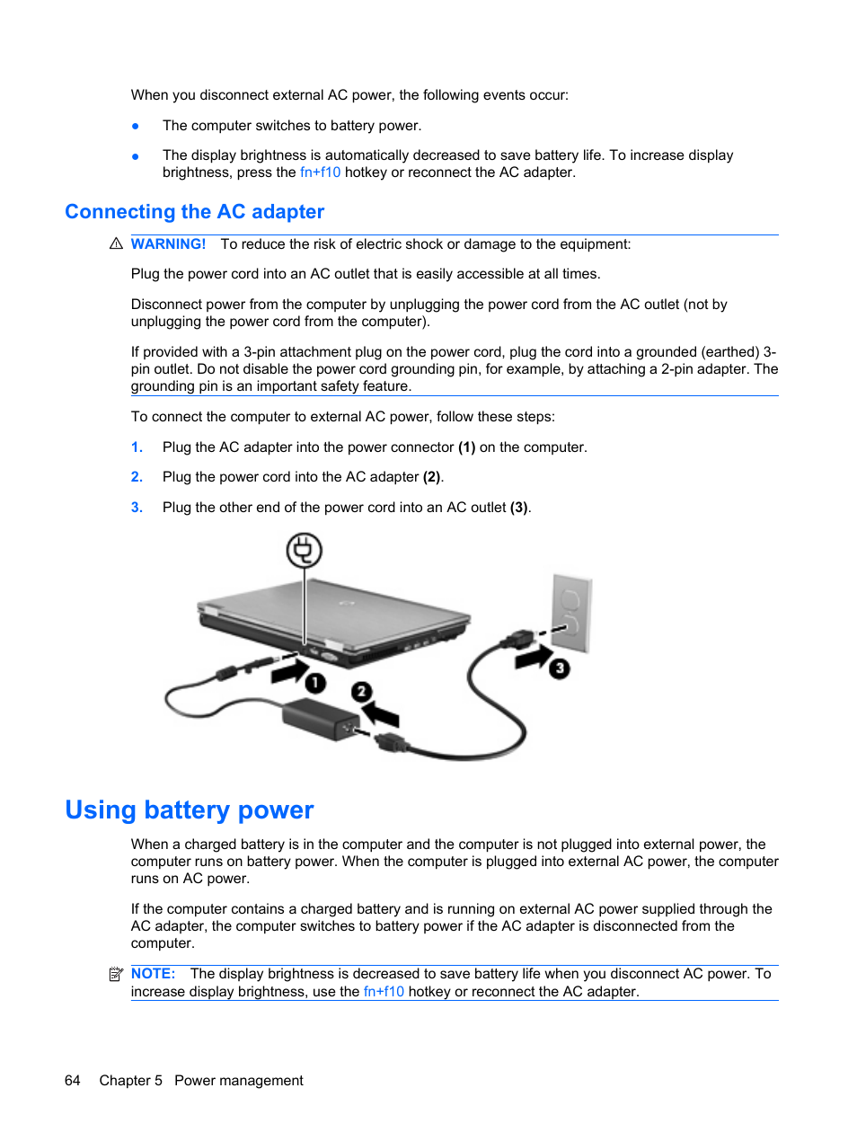 Connecting the ac adapter, Using battery power | HP EliteBook 8440p User Manual | Page 76 / 169