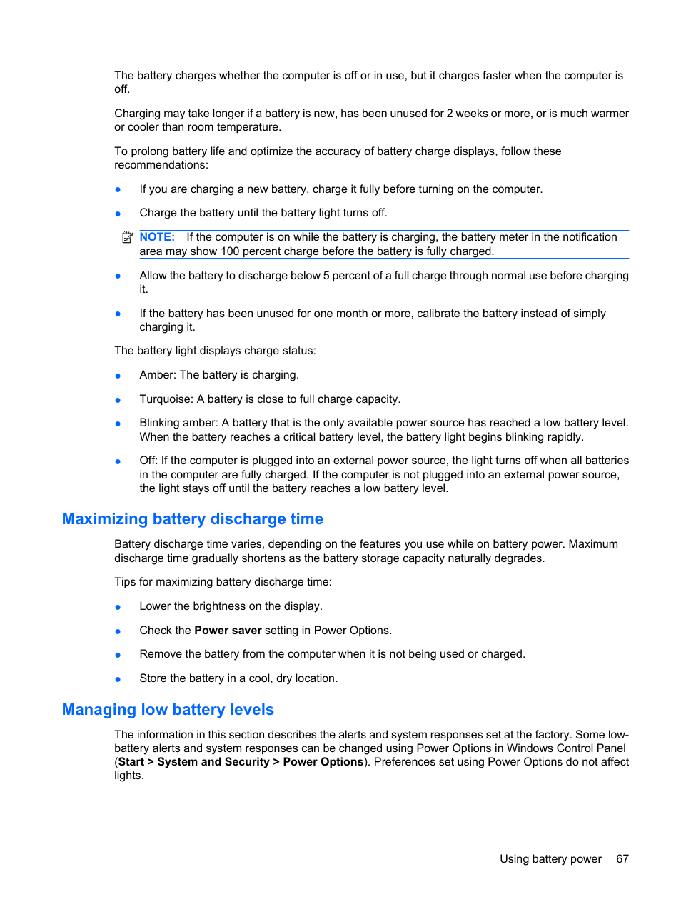 Maximizing battery discharge time, Managing low battery levels | HP EliteBook 8440p User Manual | Page 79 / 169
