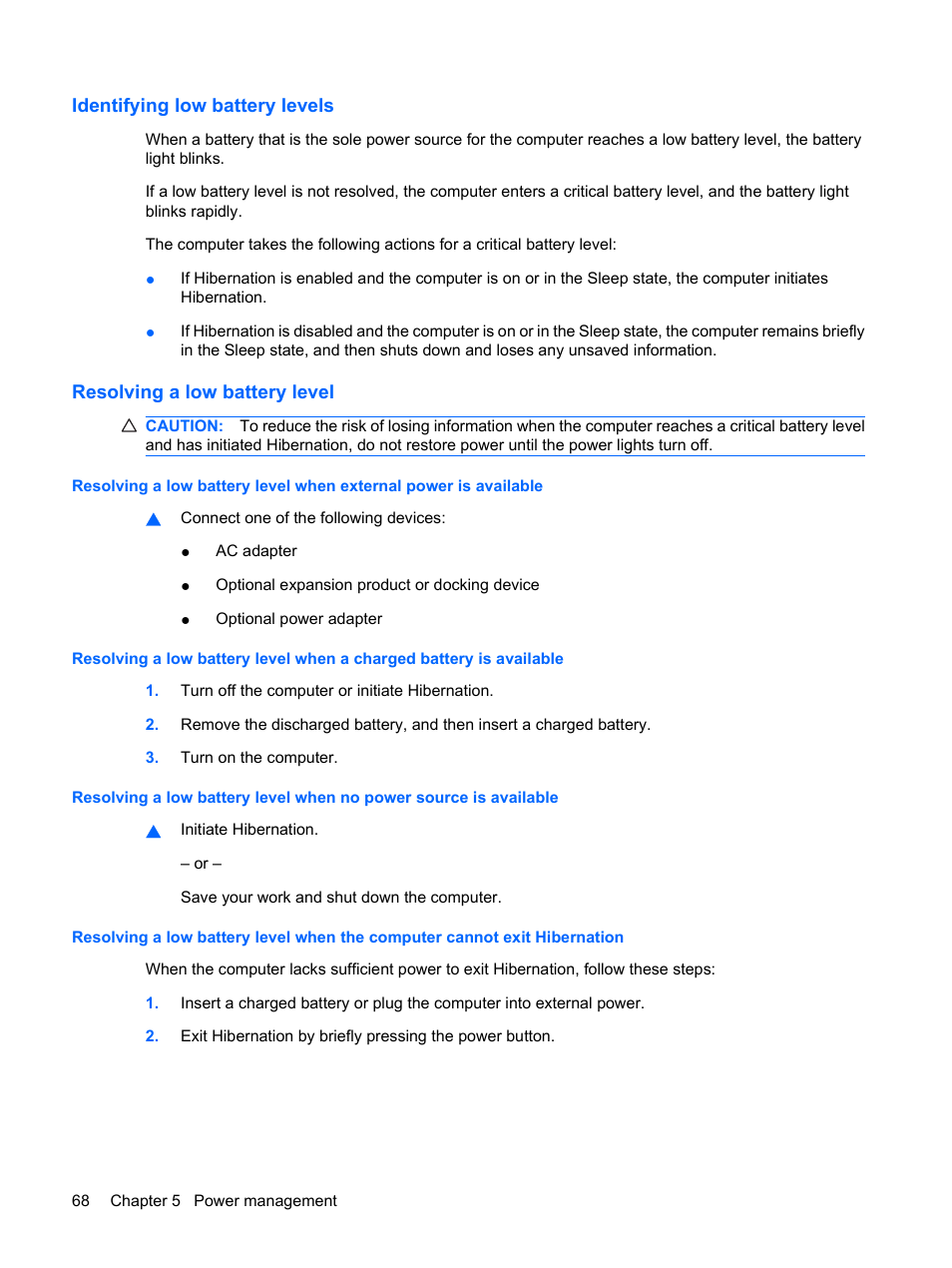 Identifying low battery levels, Resolving a low battery level | HP EliteBook 8440p User Manual | Page 80 / 169