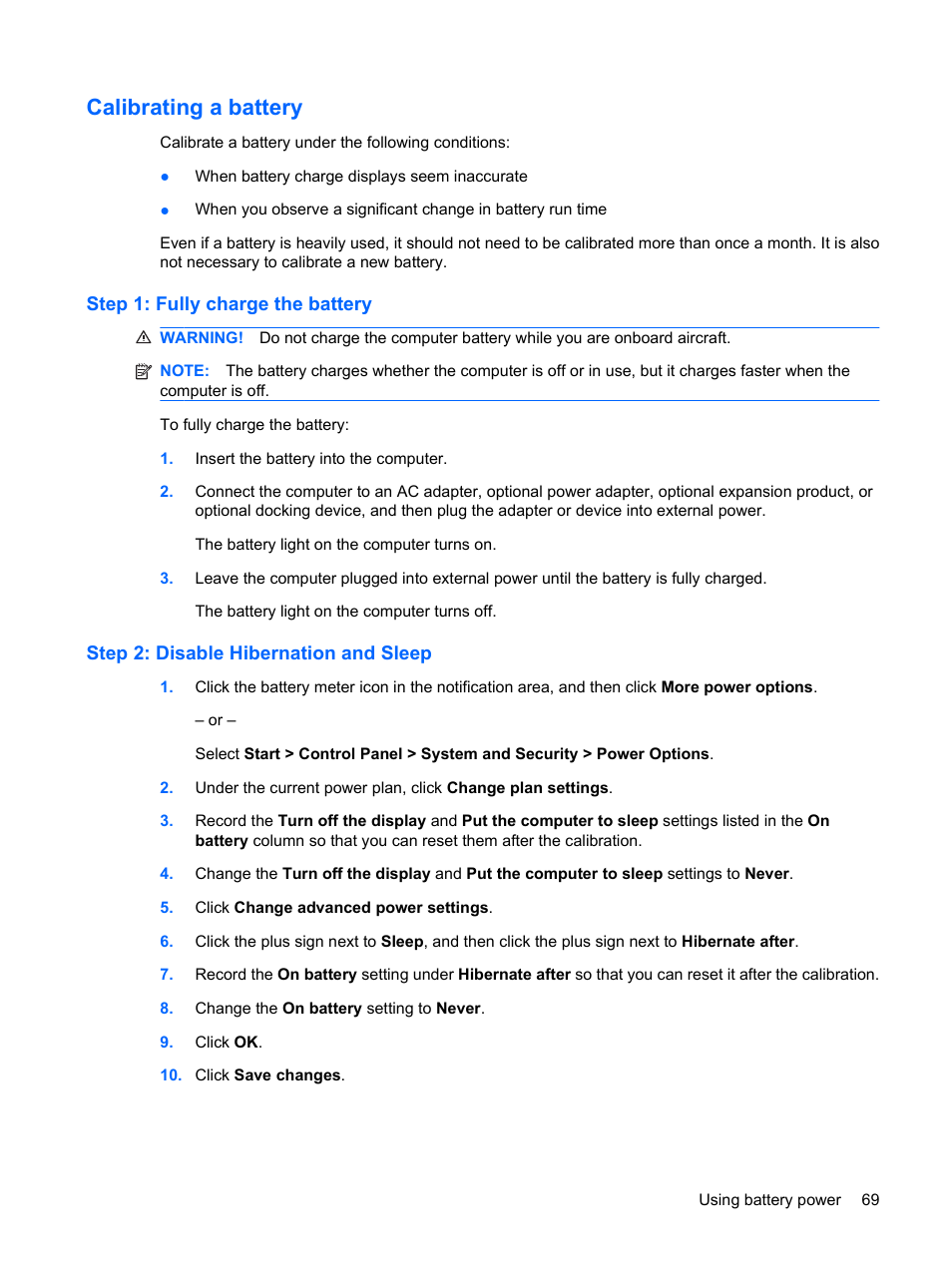 Calibrating a battery, Step 1: fully charge the battery, Step 2: disable hibernation and sleep | HP EliteBook 8440p User Manual | Page 81 / 169