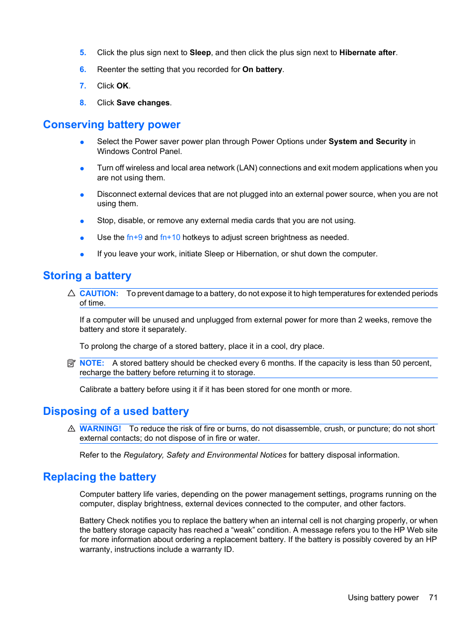 Conserving battery power, Storing a battery, Disposing of a used battery | Replacing the battery | HP EliteBook 8440p User Manual | Page 83 / 169