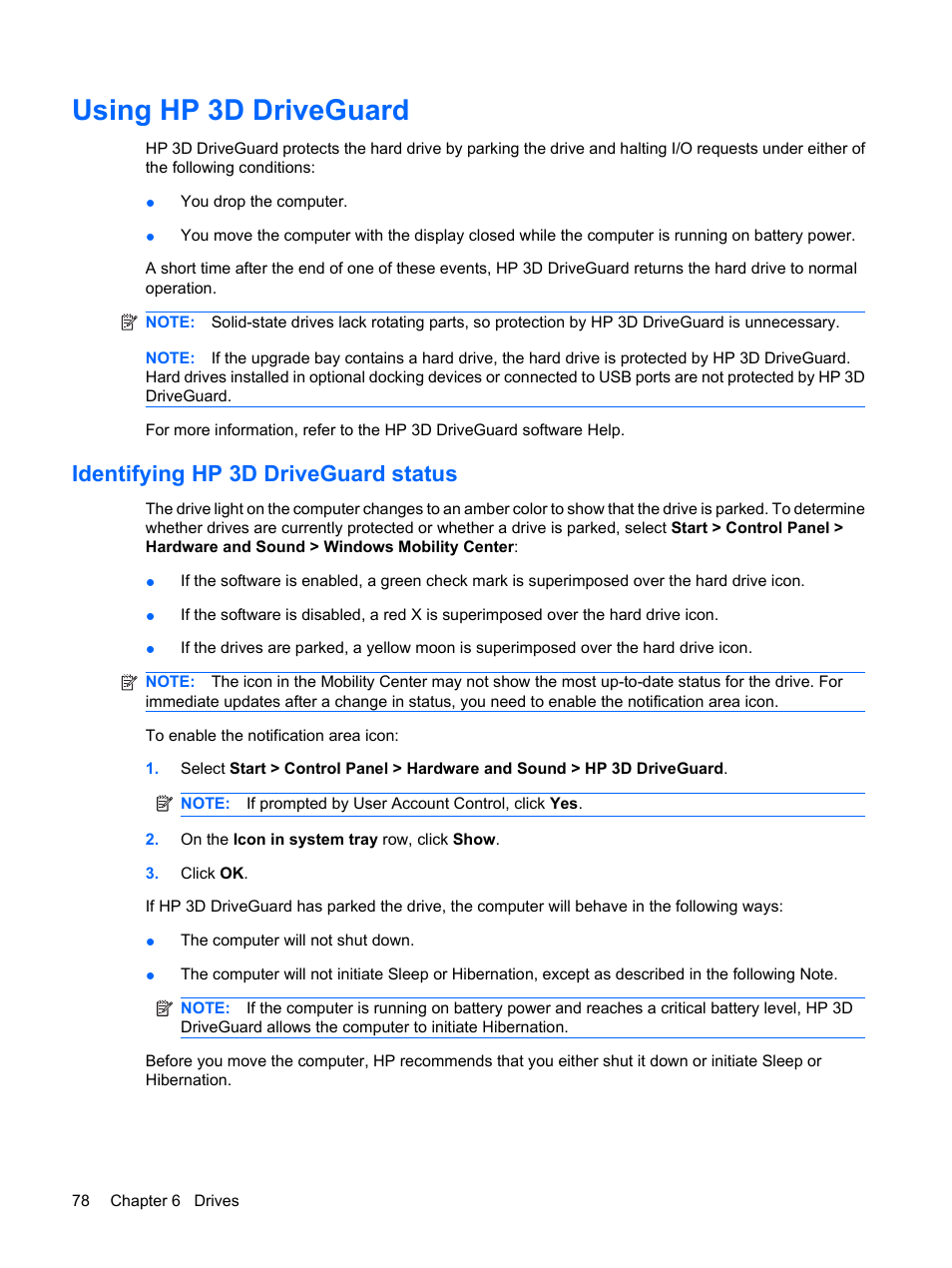 Using hp 3d driveguard, Identifying hp 3d driveguard status | HP EliteBook 8440p User Manual | Page 90 / 169