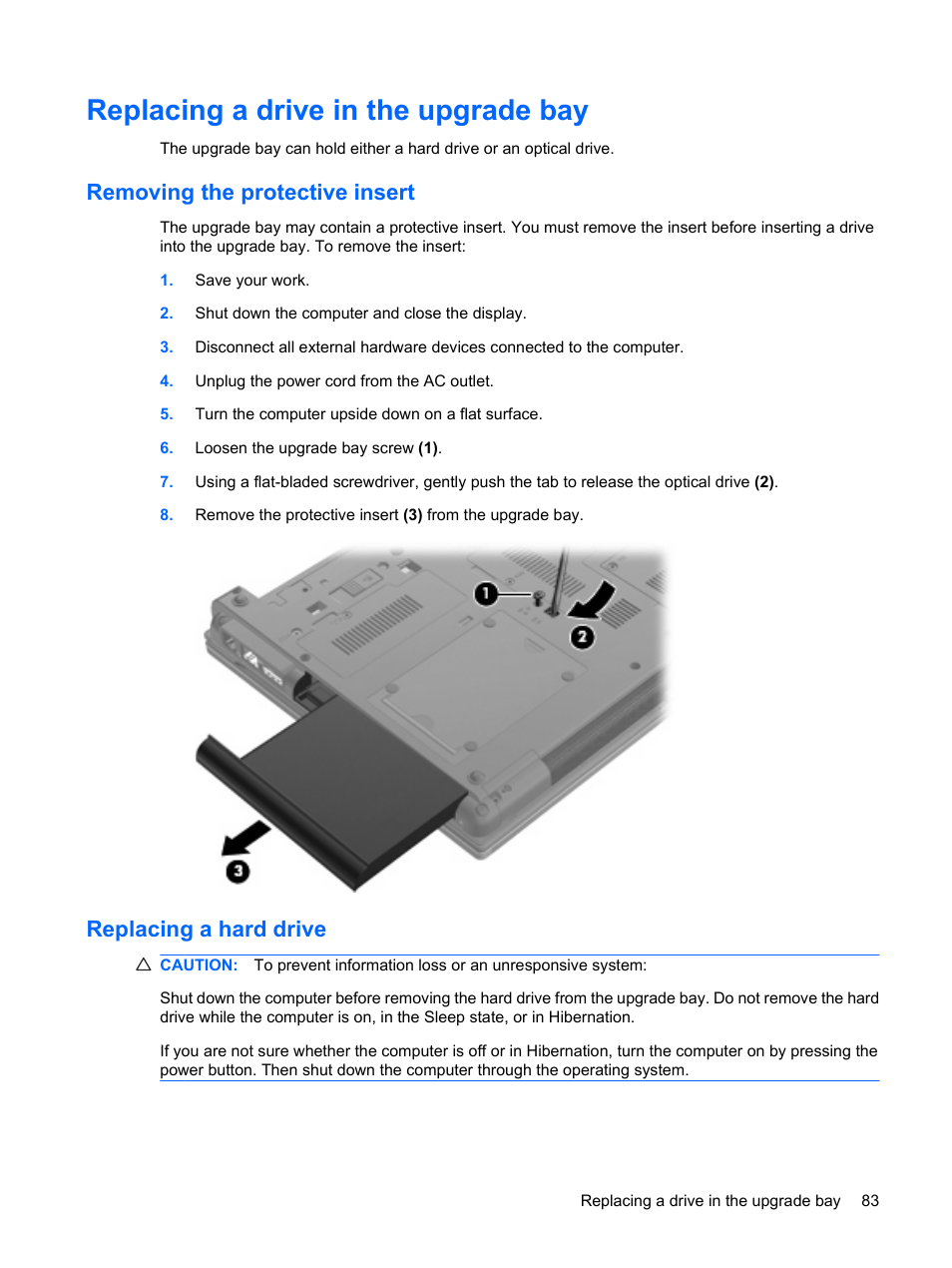 Replacing a drive in the upgrade bay, Removing the protective insert, Replacing a hard drive | HP EliteBook 8440p User Manual | Page 95 / 169