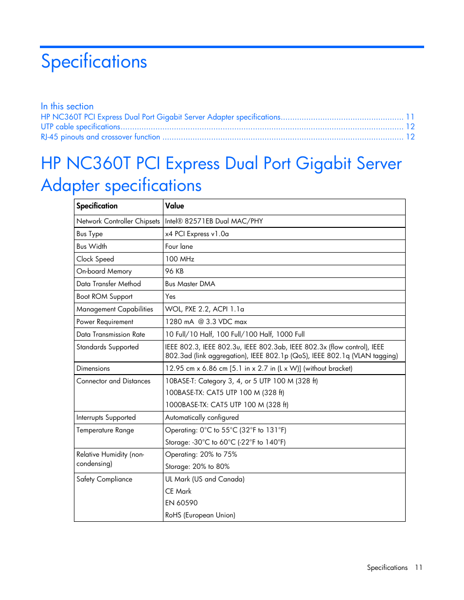 Specifications | HP NC360T PCI Express Dual Port Gigabit Server Adapter User Manual | Page 11 / 25