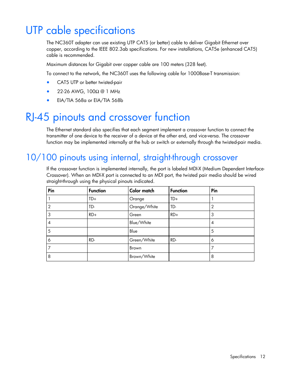 Utp cable specifications, Rj-45 pinouts and crossover function, 12 rj-45 pinouts and crossover function | HP NC360T PCI Express Dual Port Gigabit Server Adapter User Manual | Page 12 / 25