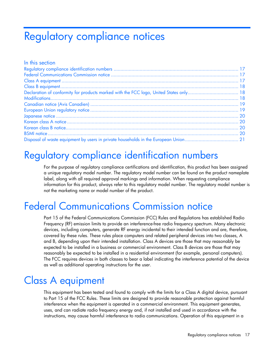 Regulatory compliance notices, Regulatory compliance identification numbers, Federal communications commission notice | Class a equipment | HP NC360T PCI Express Dual Port Gigabit Server Adapter User Manual | Page 17 / 25