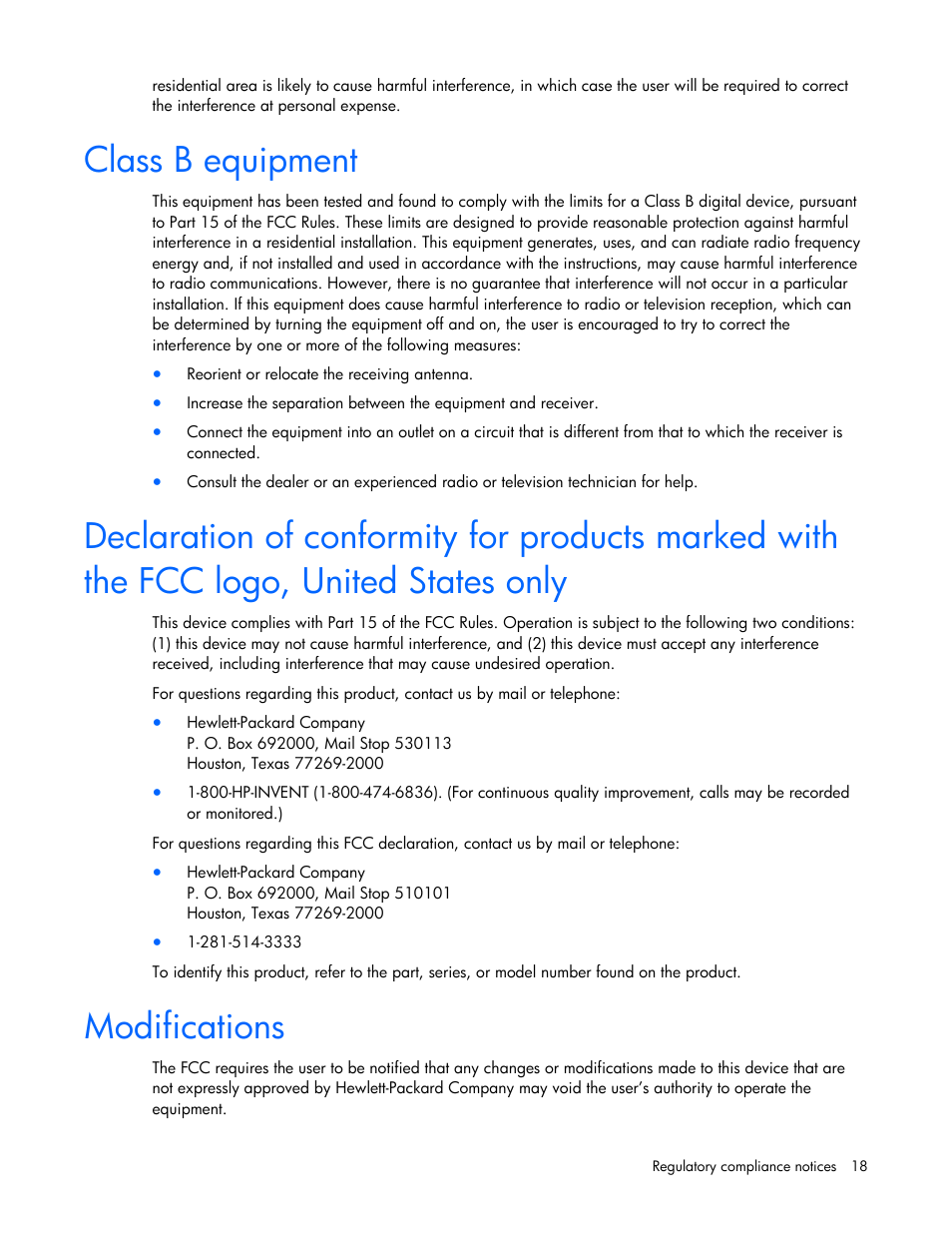 Class b equipment, Modifications | HP NC360T PCI Express Dual Port Gigabit Server Adapter User Manual | Page 18 / 25