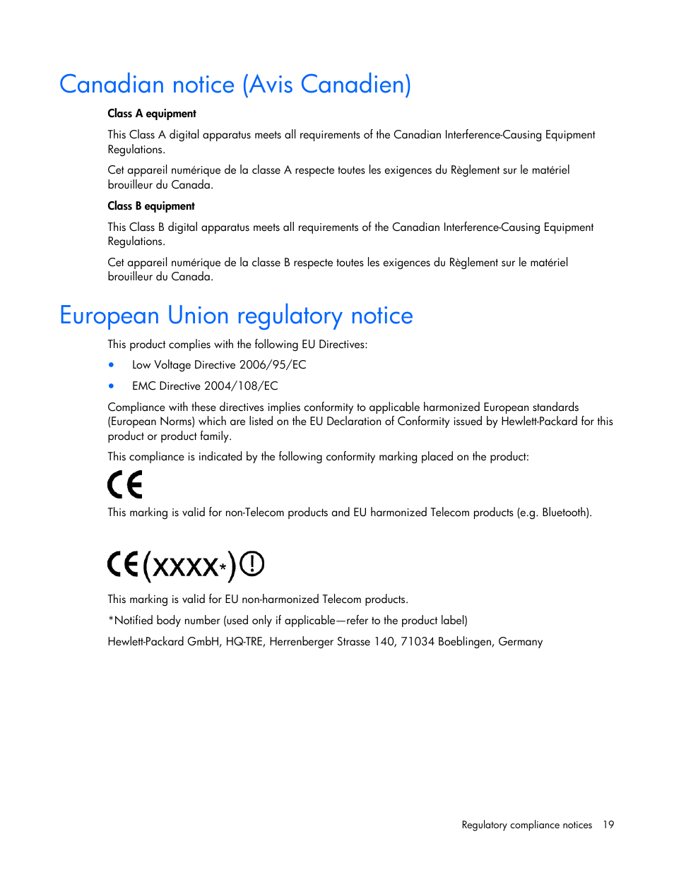 Canadian notice (avis canadien), European union regulatory notice | HP NC360T PCI Express Dual Port Gigabit Server Adapter User Manual | Page 19 / 25