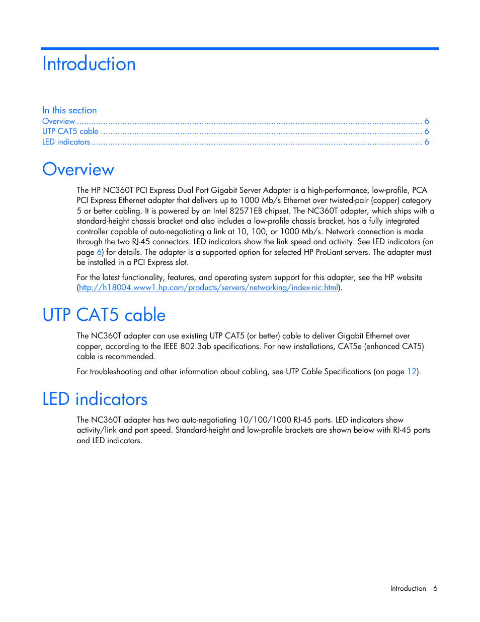 Introduction, Overview, Utp cat5 cable | Led indicators | HP NC360T PCI Express Dual Port Gigabit Server Adapter User Manual | Page 6 / 25
