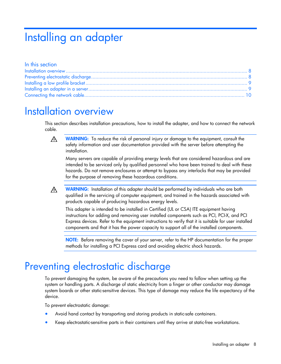 Installing an adapter, Installation overview, Preventing electrostatic discharge | HP NC360T PCI Express Dual Port Gigabit Server Adapter User Manual | Page 8 / 25