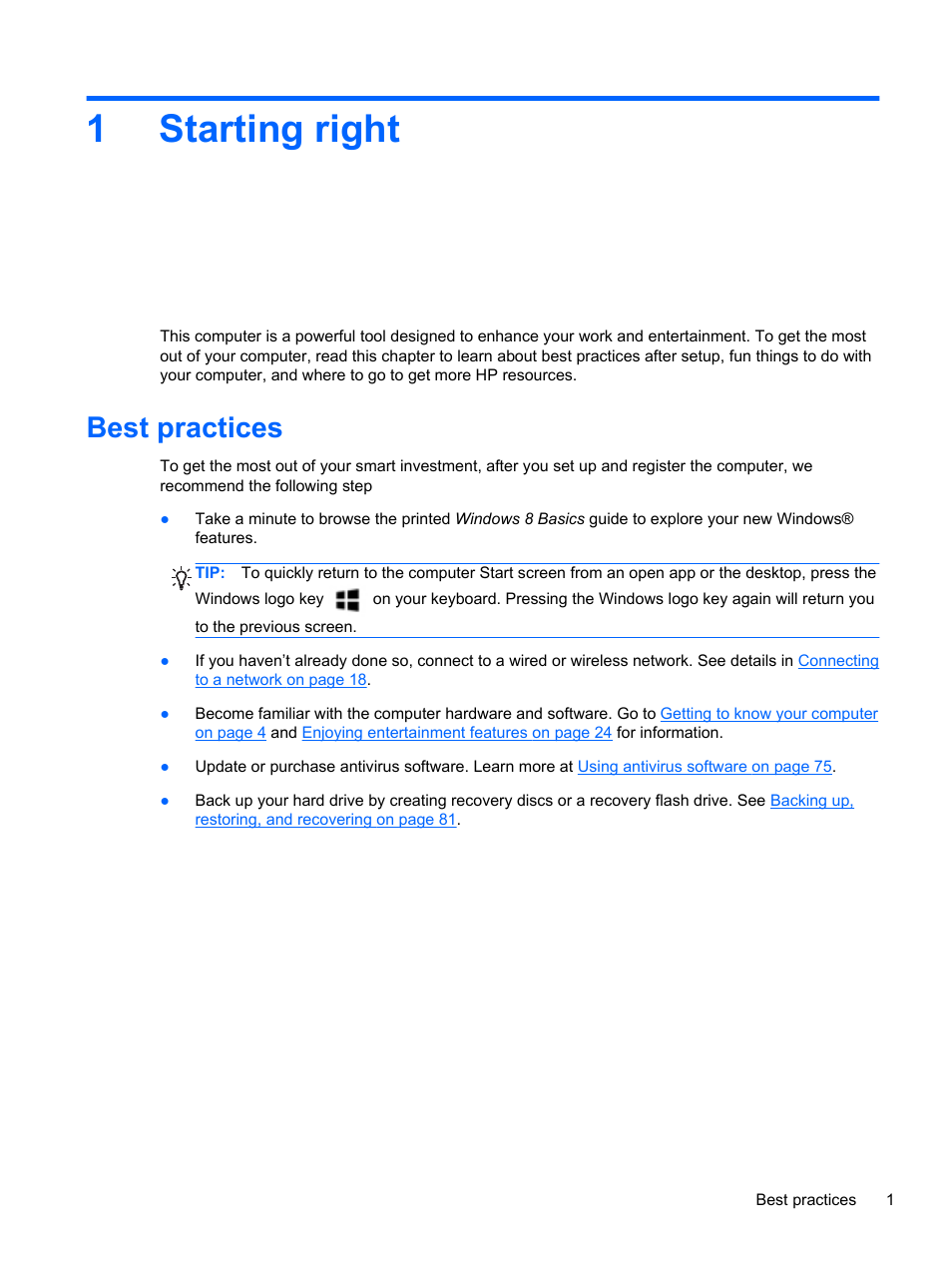 Starting right, Best practices, 1 starting right | 1starting right | HP ENVY dv7-7323cl Notebook PC User Manual | Page 11 / 104