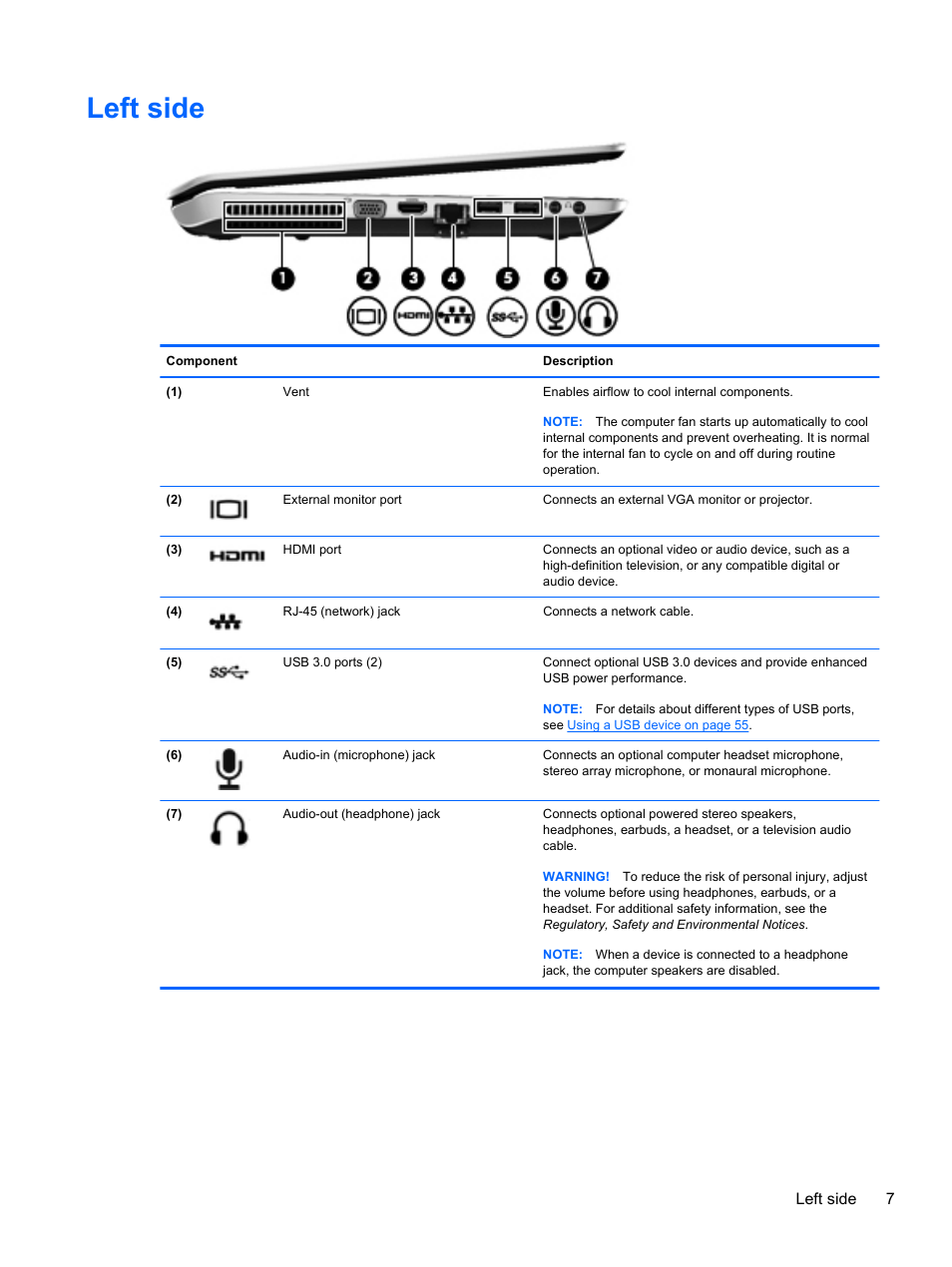 Left side | HP ENVY dv7-7323cl Notebook PC User Manual | Page 17 / 104