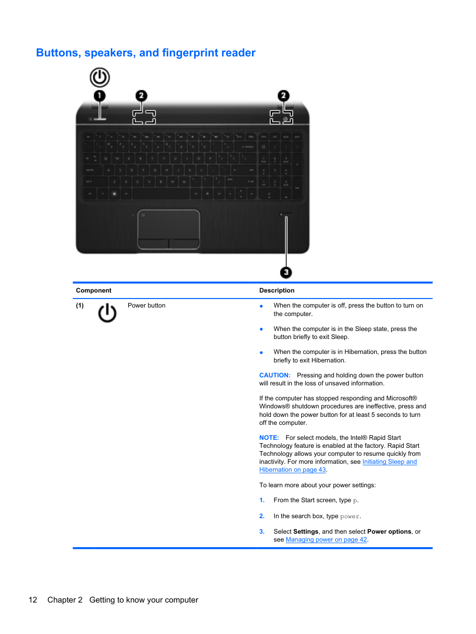 Buttons, speakers, and fingerprint reader | HP ENVY dv7-7323cl Notebook PC User Manual | Page 22 / 104