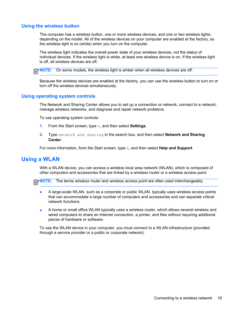 Using the wireless button, Using operating system controls, Using a wlan | HP ENVY dv7-7323cl Notebook PC User Manual | Page 29 / 104