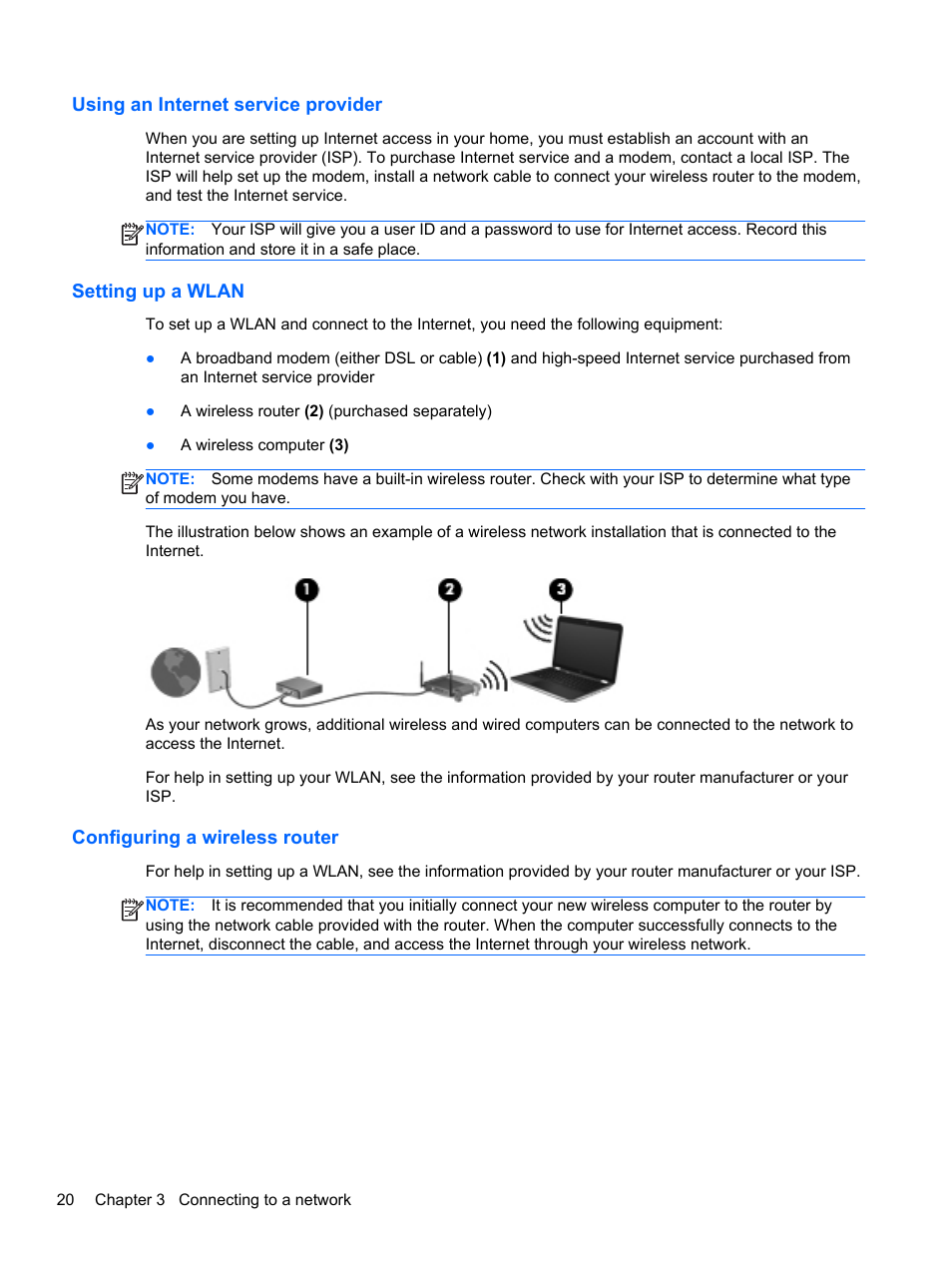 Using an internet service provider, Setting up a wlan, Configuring a wireless router | HP ENVY dv7-7323cl Notebook PC User Manual | Page 30 / 104
