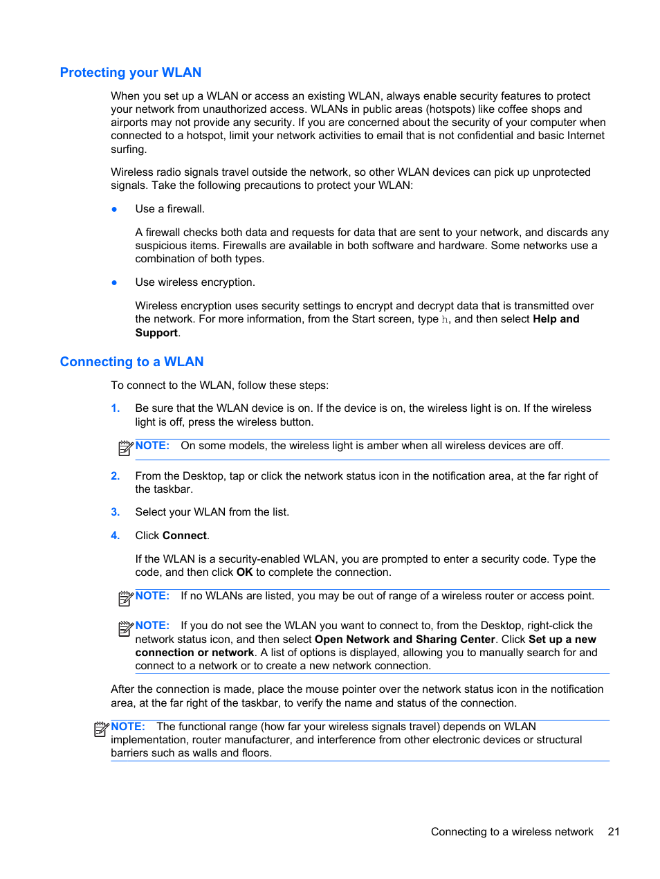 Protecting your wlan, Connecting to a wlan, Protecting your wlan connecting to a wlan | HP ENVY dv7-7323cl Notebook PC User Manual | Page 31 / 104