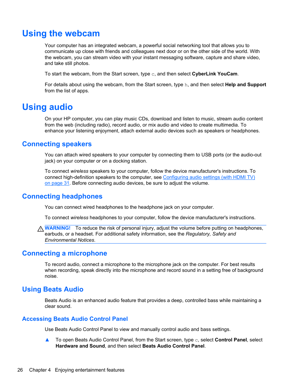 Using the webcam, Using audio, Connecting speakers | Connecting headphones, Connecting a microphone, Using beats audio, Accessing beats audio control panel, Using the webcam using audio, Using | HP ENVY dv7-7323cl Notebook PC User Manual | Page 36 / 104