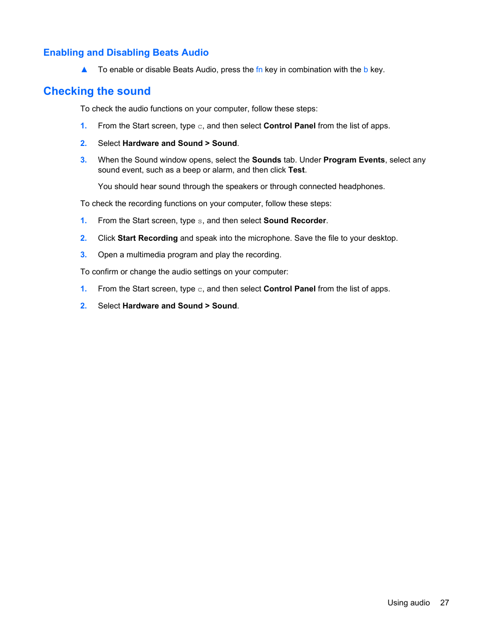 Enabling and disabling beats audio, Checking the sound | HP ENVY dv7-7323cl Notebook PC User Manual | Page 37 / 104