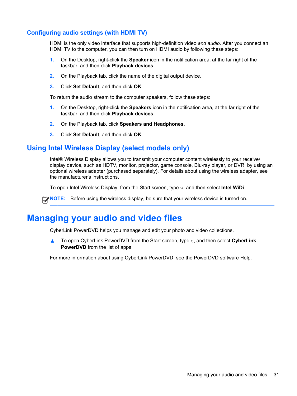 Configuring audio settings (with hdmi tv), Using intel wireless display (select models only), Managing your audio and video files | HP ENVY dv7-7323cl Notebook PC User Manual | Page 41 / 104