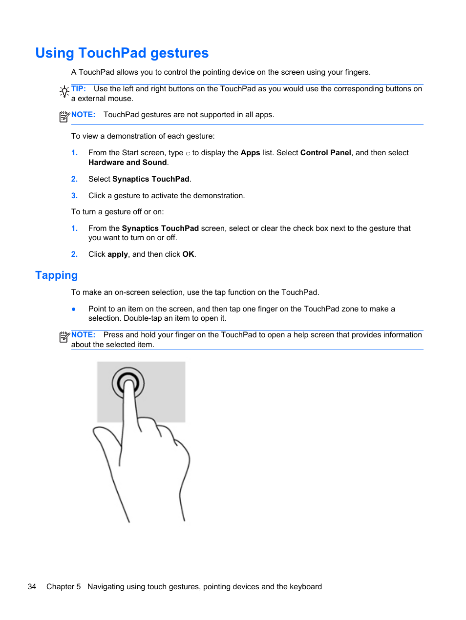 Using touchpad gestures, Tapping, Text. see | HP ENVY dv7-7323cl Notebook PC User Manual | Page 44 / 104