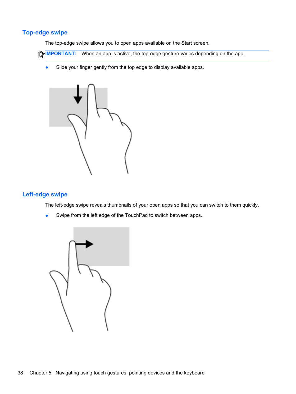 Top-edge swipe, Left-edge swipe, Top-edge swipe left-edge swipe | HP ENVY dv7-7323cl Notebook PC User Manual | Page 48 / 104