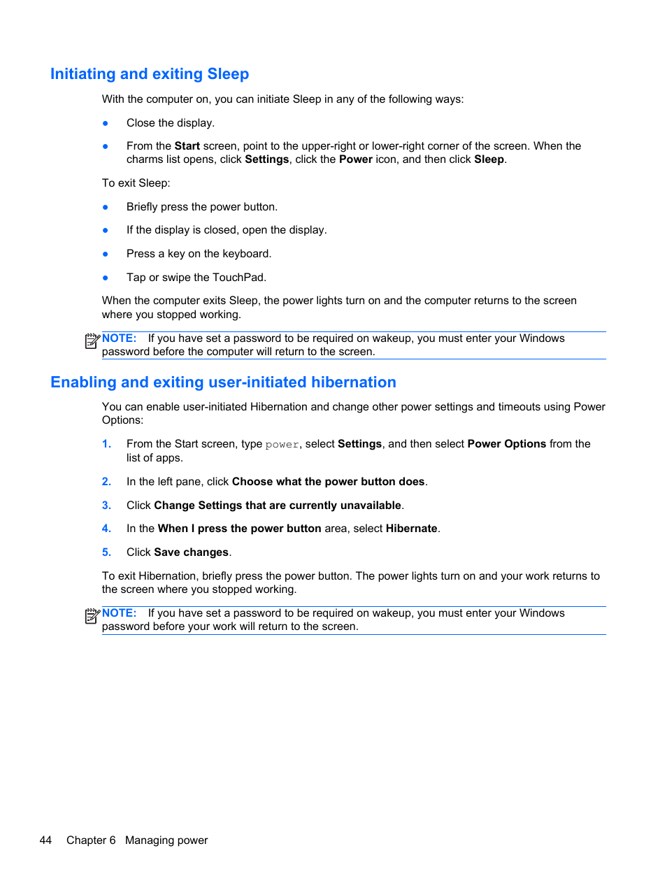 Initiating and exiting sleep, Enabling and exiting user-initiated hibernation, Initiating and | Information, see | HP ENVY dv7-7323cl Notebook PC User Manual | Page 54 / 104