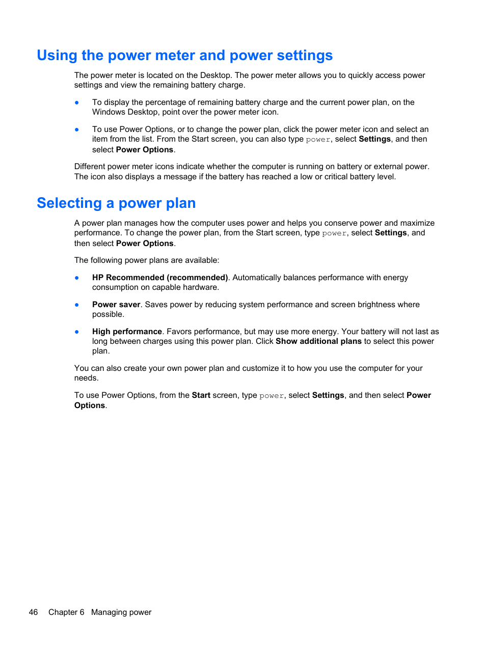 Using the power meter and power settings, Selecting a power plan | HP ENVY dv7-7323cl Notebook PC User Manual | Page 56 / 104