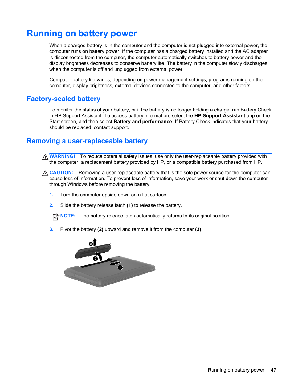 Running on battery power, Factory-sealed battery, Removing a user-replaceable battery | HP ENVY dv7-7323cl Notebook PC User Manual | Page 57 / 104