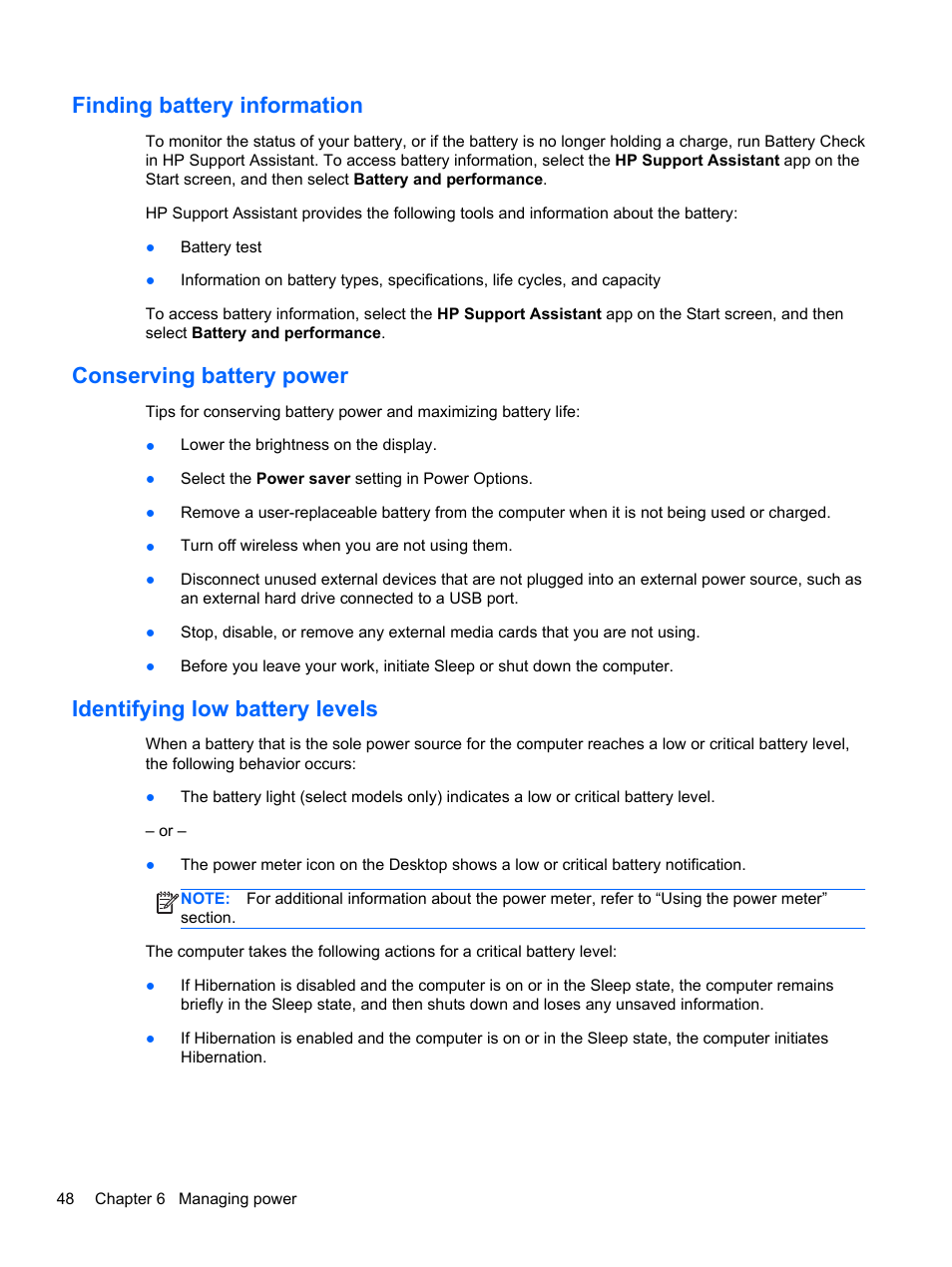 Finding battery information, Conserving battery power, Identifying low battery levels | HP ENVY dv7-7323cl Notebook PC User Manual | Page 58 / 104