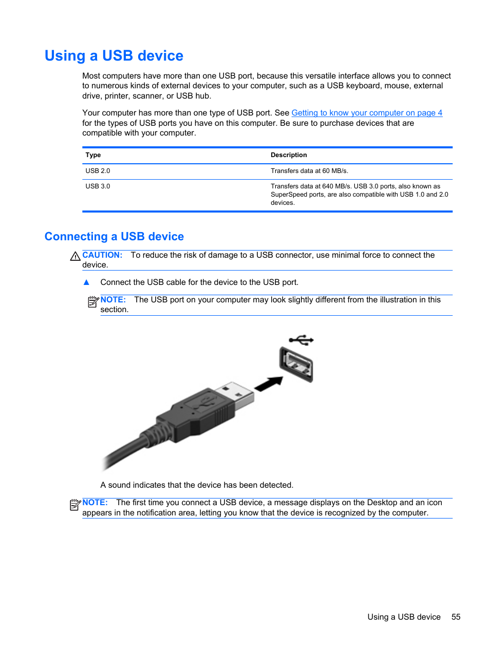 Using a usb device, Connecting a usb device | HP ENVY dv7-7323cl Notebook PC User Manual | Page 65 / 104