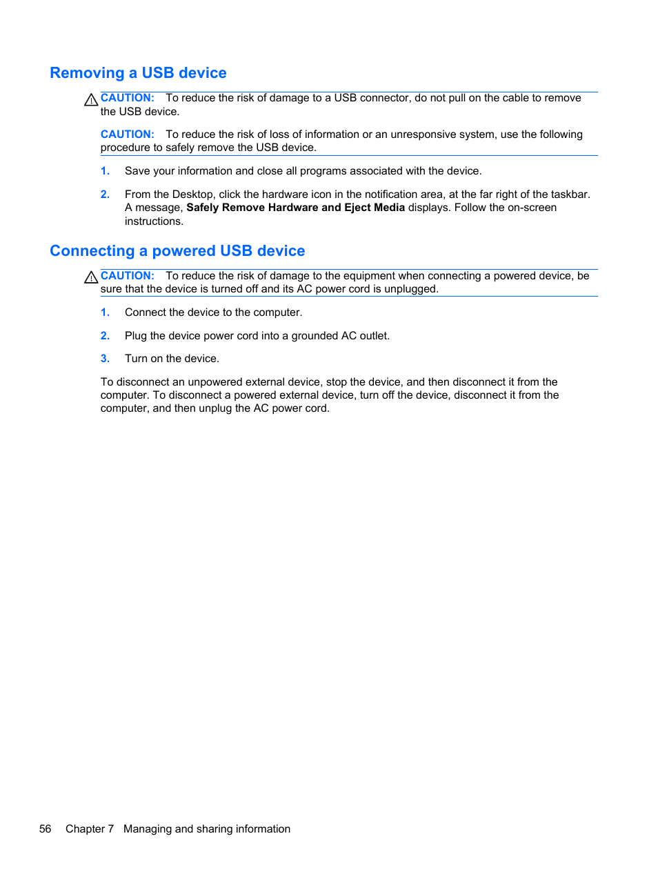 Removing a usb device, Connecting a powered usb device | HP ENVY dv7-7323cl Notebook PC User Manual | Page 66 / 104