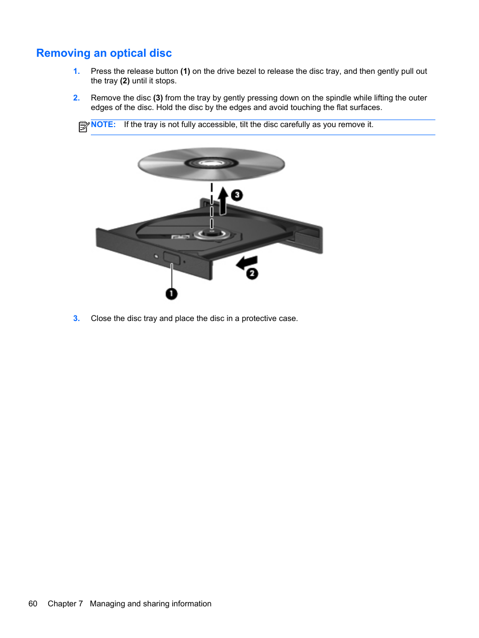 Removing an optical disc | HP ENVY dv7-7323cl Notebook PC User Manual | Page 70 / 104