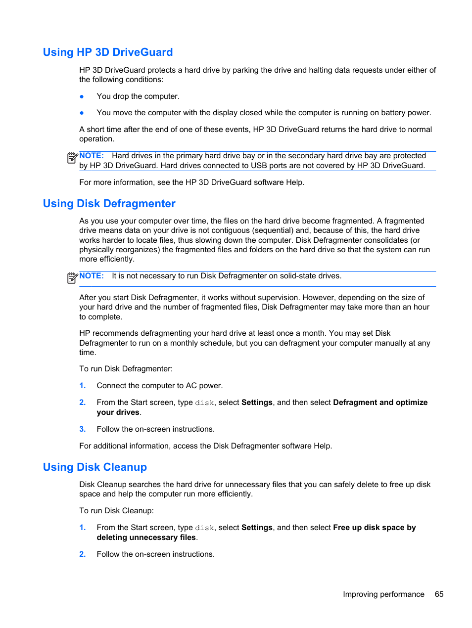 Using hp 3d driveguard, Using disk defragmenter, Using disk cleanup | HP ENVY dv7-7323cl Notebook PC User Manual | Page 75 / 104