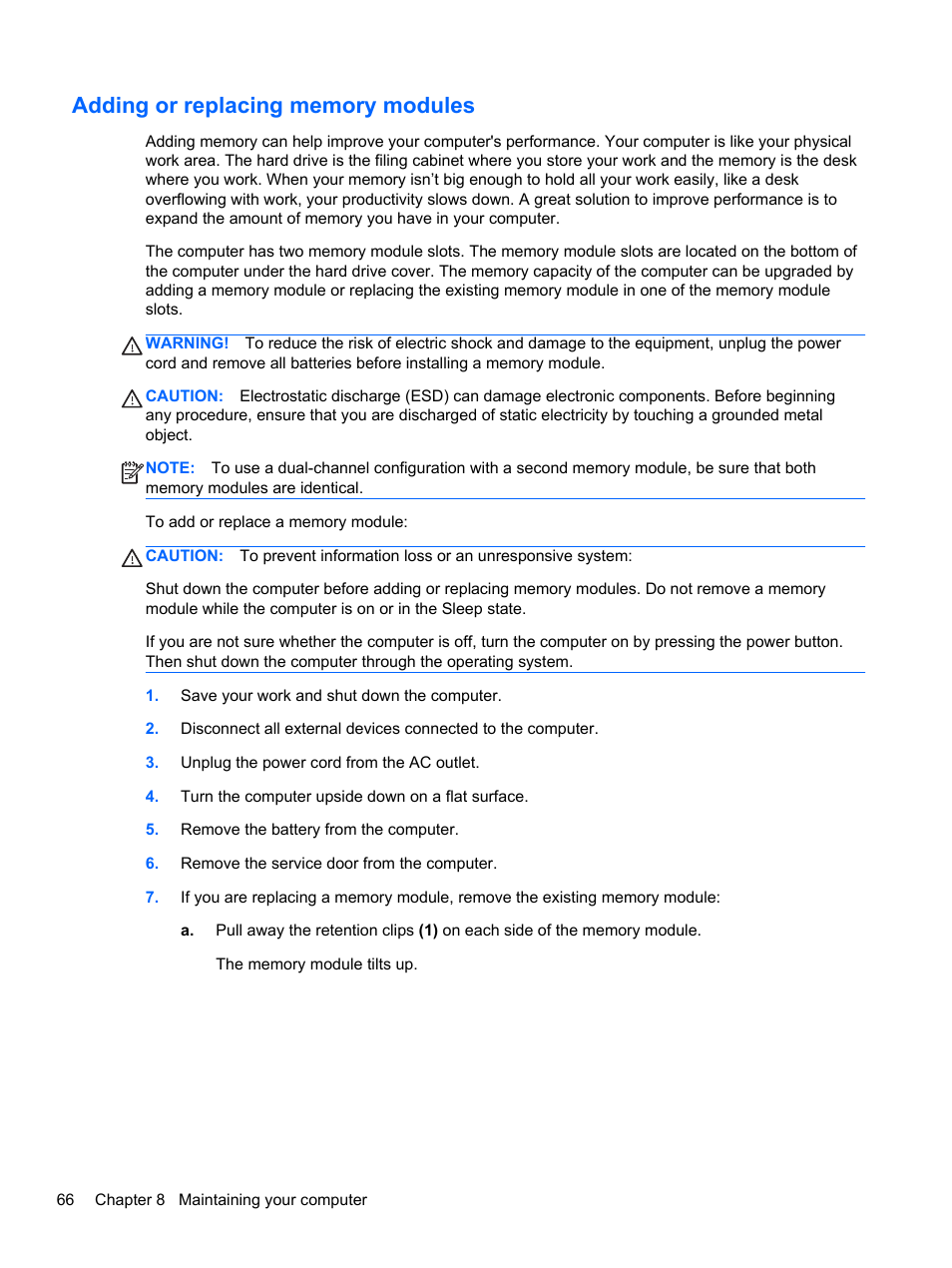 Adding or replacing memory modules | HP ENVY dv7-7323cl Notebook PC User Manual | Page 76 / 104