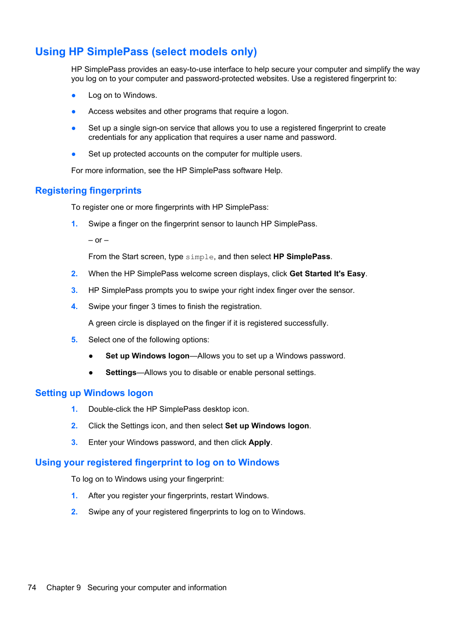 Using hp simplepass (select models only), Registering fingerprints, Setting up windows logon | HP ENVY dv7-7323cl Notebook PC User Manual | Page 84 / 104