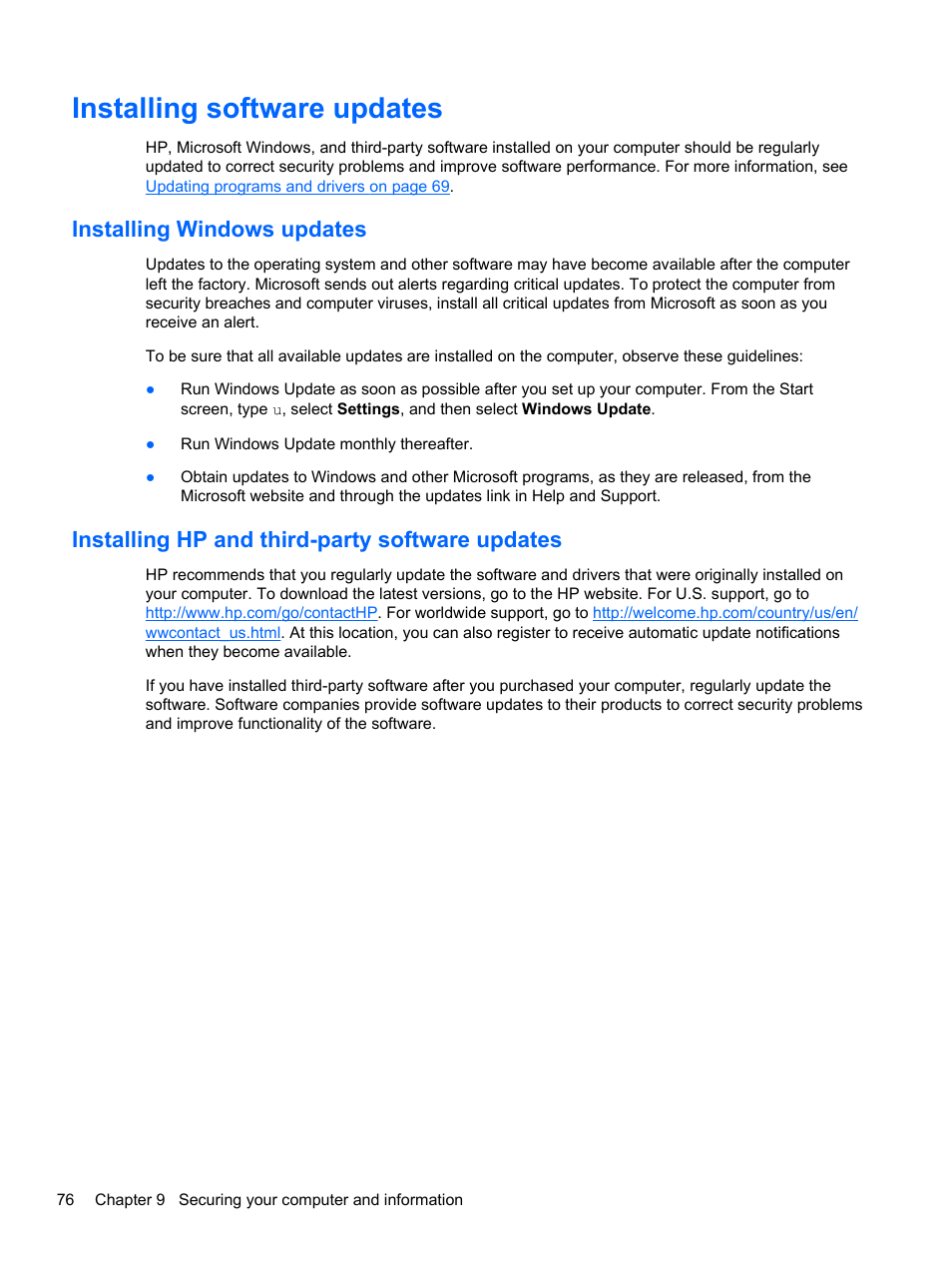 Installing software updates, Installing windows updates, Installing hp and third-party software updates | HP ENVY dv7-7323cl Notebook PC User Manual | Page 86 / 104