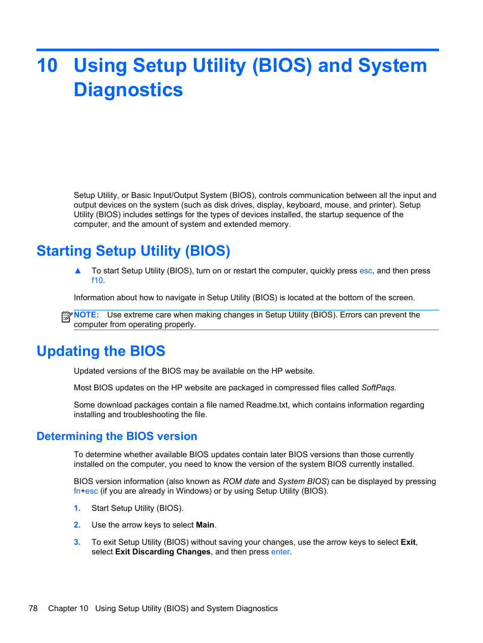Using setup utility (bios) and system diagnostics, Starting setup utility (bios), Updating the bios | Determining the bios version, Starting setup utility (bios) updating the bios | HP ENVY dv7-7323cl Notebook PC User Manual | Page 88 / 104