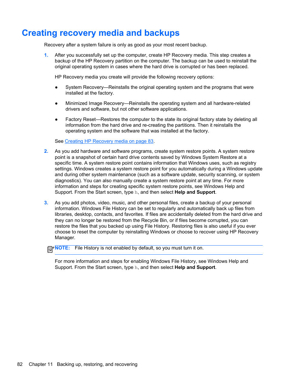Creating recovery media and backups | HP ENVY dv7-7323cl Notebook PC User Manual | Page 92 / 104