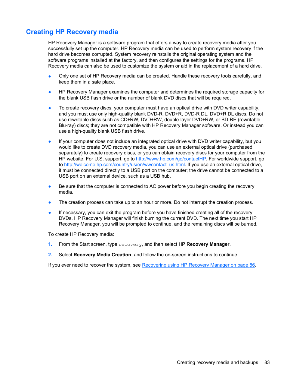 Creating hp recovery media | HP ENVY dv7-7323cl Notebook PC User Manual | Page 93 / 104